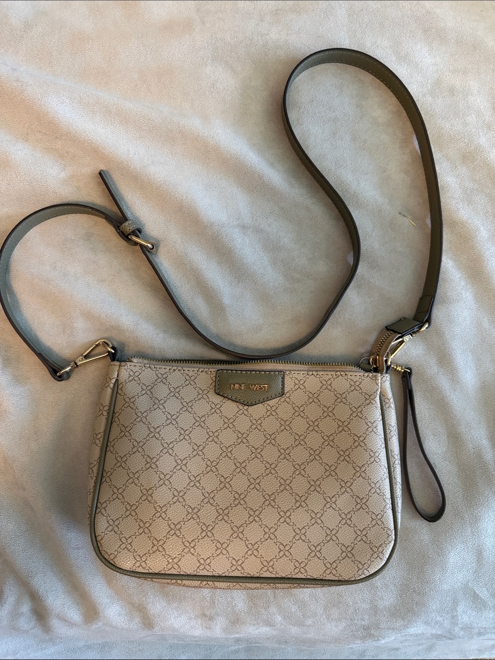Nine West Beige Monogram Crossbody Bag with Dark Trim